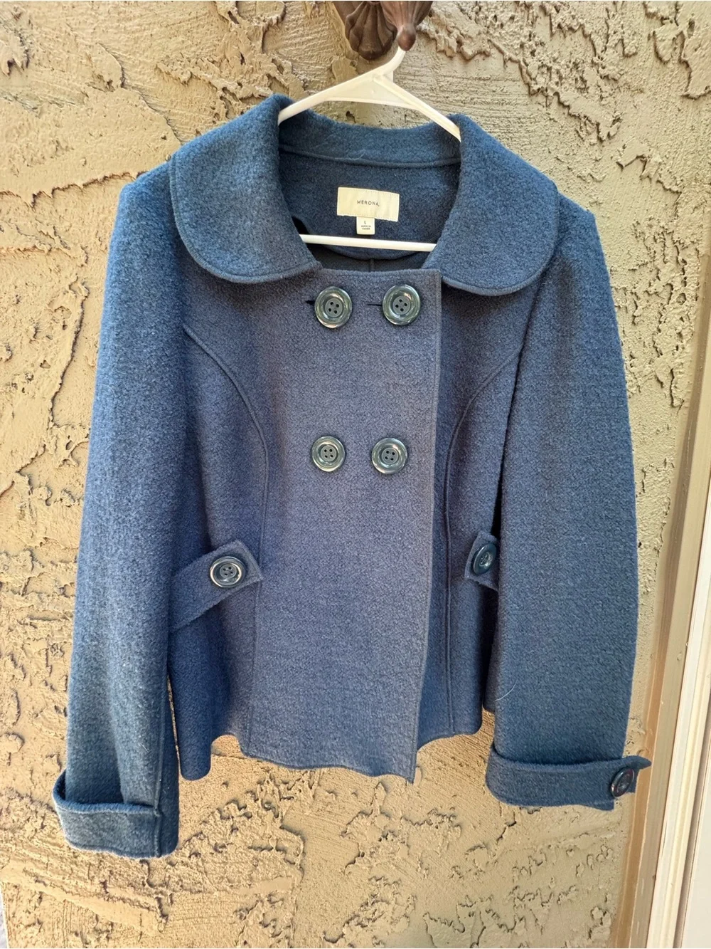 Merona Wool Blend Blue Peacoat Short Double Breasted Collared Size L